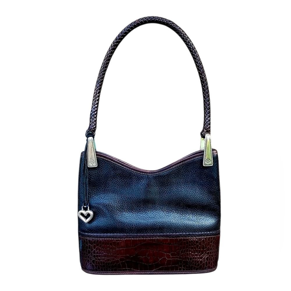 Brighton VTG Gina Black Pebbled Leather And Croc Embossed Trim Handbag